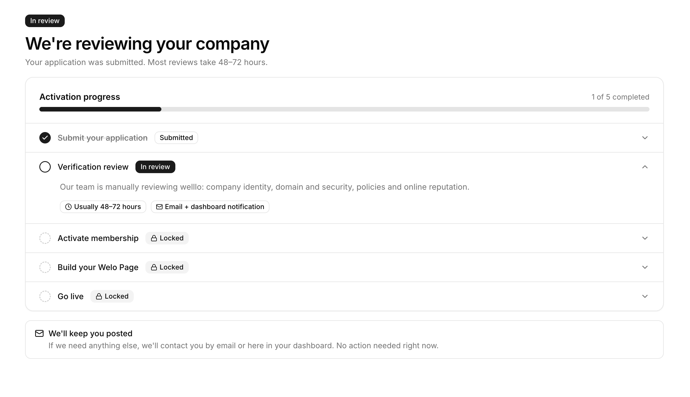 Welo Badge dashboard showing a submitted application under review