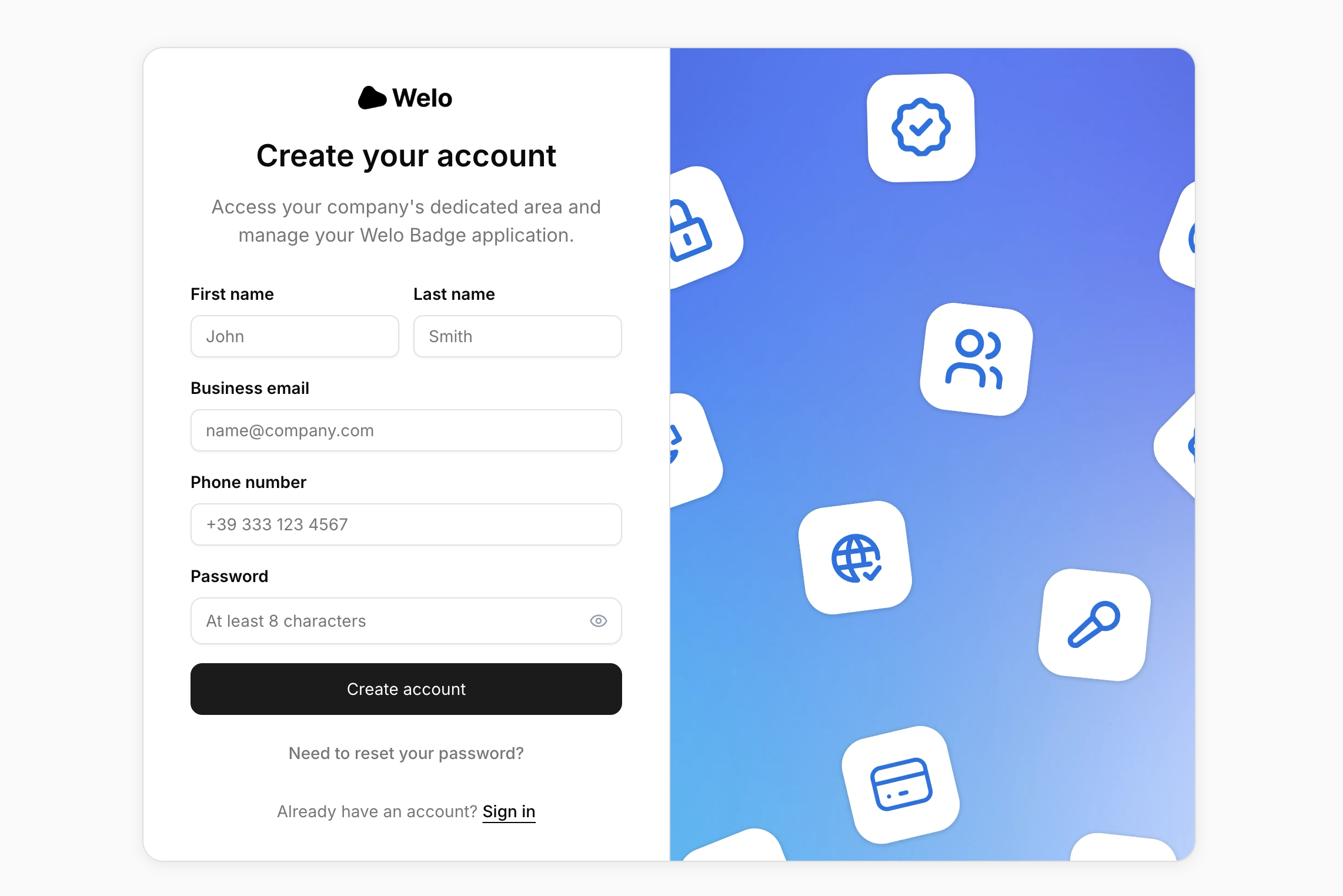 Welo Badge account registration form